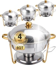 Beviliu Chafing Dish Buffet Set, 4 Pack 6.8L Round Dishes & Food Warmers, Gold 