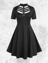 New Black Gothic PU Ladder Front Studded Short Cute Sexy Dress size 2XL 20 22 24