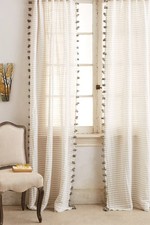 anthropologie pom tassel curtain 127x274 long cream/grey stripe with hooks