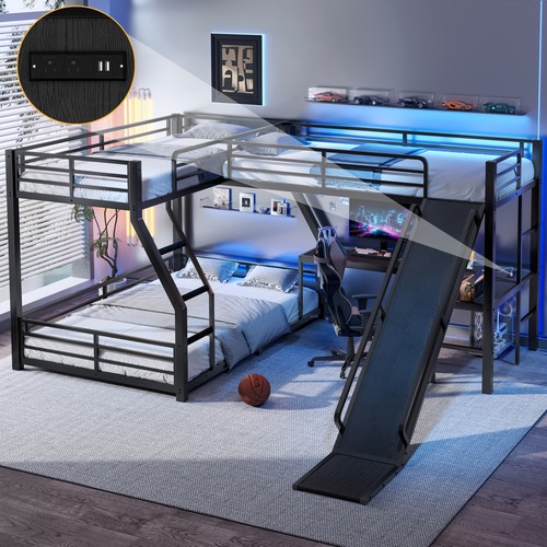 Shaped metal triple bunk bed - metal,