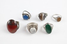 Sterling Silver Rings Gemstone Tigers Eye Malachite Banded Agate x 6 (21g)