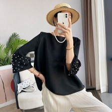 Pleats Please Issey Style Pleated Top, Pearl Studded Flared Half Sleeves Blouse