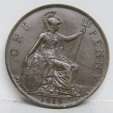 1919 George V One Penny Coin British -  Very Good Grade #96
