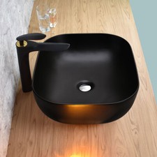 Large Bathroom Counter Top Ceramic Wash Basin Cloakroom Gloss Sink Black 490x390