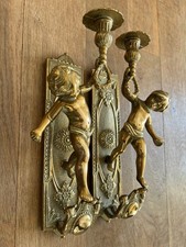 Pair of Heavy Vintage Brass Putti Cherub Wall Brass Candle Sconces Large