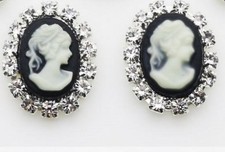 BLACK CAMEO OVAL CRYSTAL STUD EARRINGS 20MM