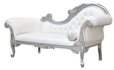Chaise Throne Chair In Silver Frame with White Faux Leather for Hire Only