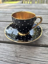 Carlton Ware Noir Royale Black Gilded Demitasse Rita Cup & Saucer Polka Dots