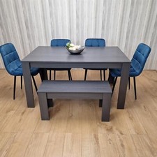Dining Table and 4 Blue Velvet Chairs With Bench Black Dark Grey Wood Dining Set
