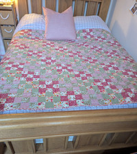 Oversized Double  Patchwork Quilt. Pink, Red And Green Vintage Style Cotton 