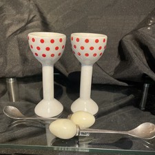 2 x Ceramic Egg Cups Footed Red White Polka Dot Martin Gulliver with spoons rare