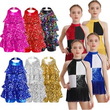 UK Girls Shiny Sequins Halter Tassel Mini Dress Latin Jazz Salsa Samba Dance 