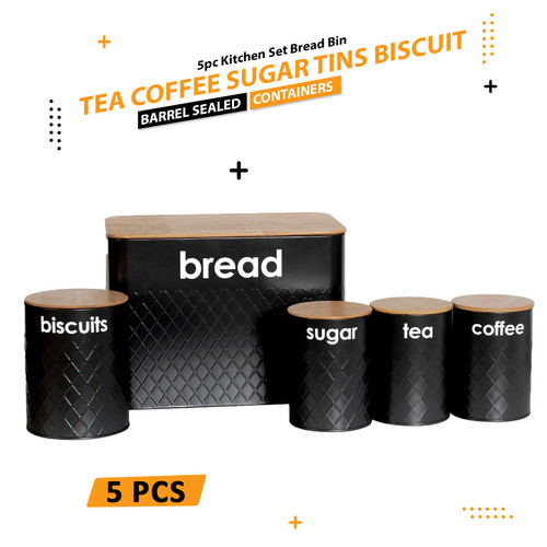5pc black kitchen storage tins - 5pc,