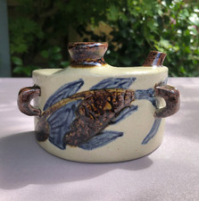 Vintage Stoneware Sake Hip Flask Japanese Carp Fish Koi