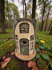 Hand Made Tree Trunk Bird House Carved magical Rustic Wood Bird House