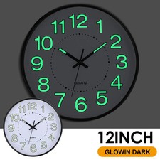 12" Round Luminous Wall Clock Glow In The Dark Night Light Silent Quartz Clocks