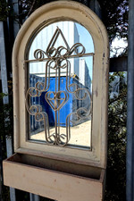 Shabby Chic White Wall Mirror With With Wrought Iron Decoration and Planter
