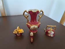 LIMOGES PORCELAIN MINIATURES. VASE,KETTLE, BASKET & BOOT