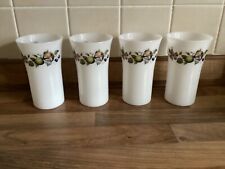 Vintage Retro Set Four Drinking Beakers Cups Milk Glass Autumn Fruits Pyrex