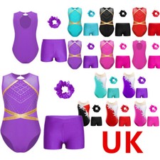 UK Girl Sparkle Gymnastics Leotard Ballet Dance Unitard with Shorts Headband Set