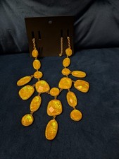 H&M Shimmering Orange Statement Necklace with Yellow Oval Beads and Teardrop Sto
