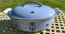 Dru Holland Charming Vintage Blue Tulip Enamel Cast Iron Casserole Pot
