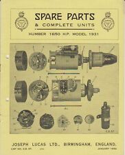 Humber 16/50 HP 1931 Lucas Spare Parts List 8 Pages ILLUSTRATED