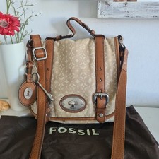 Fossil Maddox Canvas Leather Trim Bag Satchel Shoulder Bag Brown Beige Medium 