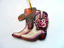 Hanging 2D Flower Decorated COWBOY Hat & Boots Car Mirror Decoration  Bag Charm