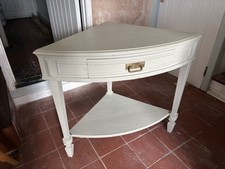 Unusual corner side table with bottom shelf and small drawer