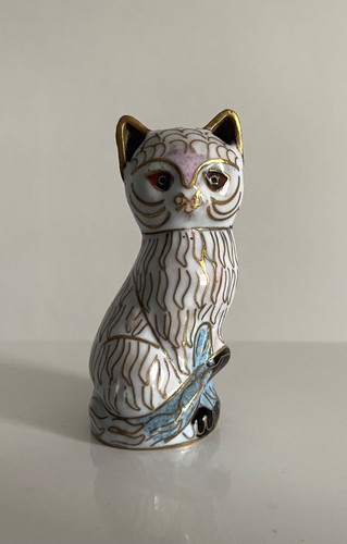 Vintage white cloisonné cat - white,