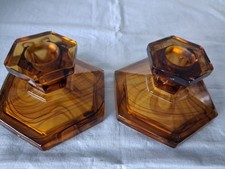 PAIR OF  DAVIDSON AMBER BROWN CLOUD GLASS  CANDLESTICKS-6CM TALL