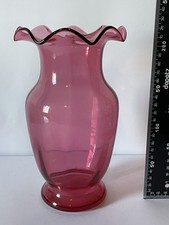Rare Vintage Large Fenton Style Cranberry Glass Vase Ruffled Retro Modernist Era