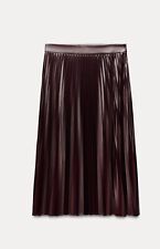 Zara Burgundy Brown Pleated Coated Wet Look Midi Skirt Size L