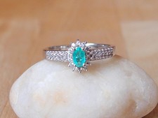 Natural Colombian Emerald & Natural Zircon Halo 925 Sterling Silver Ring Size O