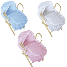 Dolls Moses Basket & Wooden Stand Set with Bedding – White Pink Blue Toy Gift