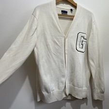 GANT Varsity V-Neck Cardigan Cream Vintage Retro Size  L Cotton Grandadcore