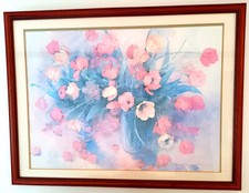 Tulips Flower Painting by Shirley Felts Mounted in Dark Wooden Frame 85cm x 65cm
