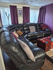 Family Large Black Leather Corner Sofa (PTP)