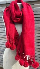 Dark Red 100% Wool Scarf / Shawl Red Furry Pom Poms