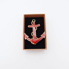 Vtg Swarovski Red Anchor Brooch with Enamel on Gold Tone Metal Signed with Swan