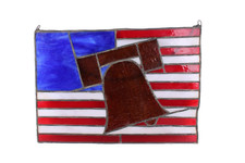 Folk Art Stained Glass Flag With Liberty Bell Wall Art W/ Chain Red White Blue