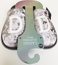 Ladies Silver Grey Velour Slipper Mules Pair “D” Glitter Alphabet Initial 3-4