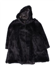 VINTAGE Womens Hooded Faux Fur Overcoat UK 14 Medium Navy Blue Modacryl AJ01