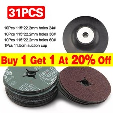 30PCS 24 36 & 60 Fiber Sanding Discs + Rubber Pad 115mm Grinding Backing Grinder