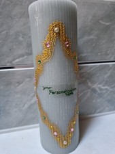 Henna Inspired Grey Ribbed Pillar Candle In Gold With Diamantes