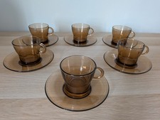 Duralex Tea Cup & Saucer Set Brown Smoke Glass Vintage Retro France set of 6