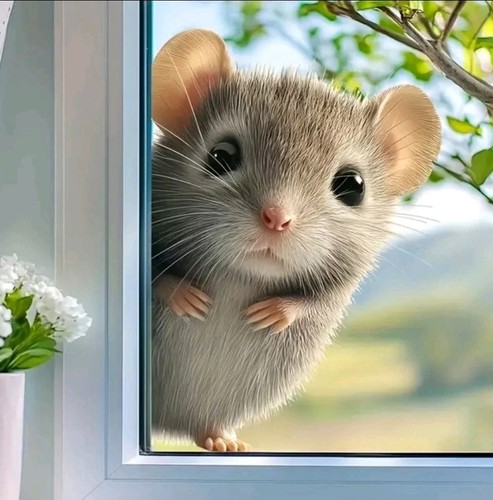 Peeking cute mouse - wall, window