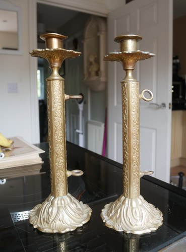 Pair antique brass candle - pair,