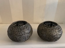 Pair of Metal Filigree Candle / Tealight Holders – Antique Bronze Moroccan Style